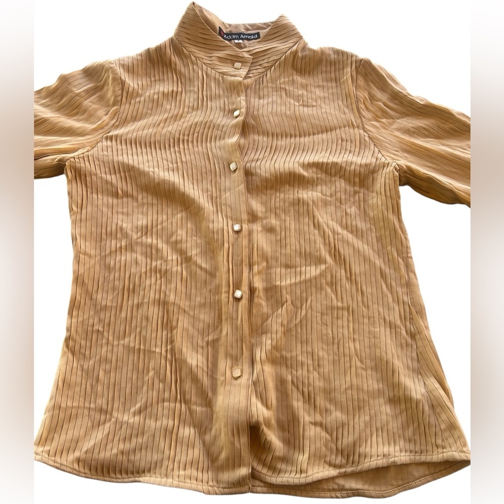Adam Arnold Couture Tan Button-Up Top Pleated Blouse Pearl Gold Button Mock Neck
